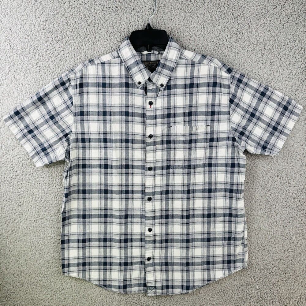 Grizzly Mountain Shirt Men’s L Button Plaid Gray 100% Cotton Short Sleeve